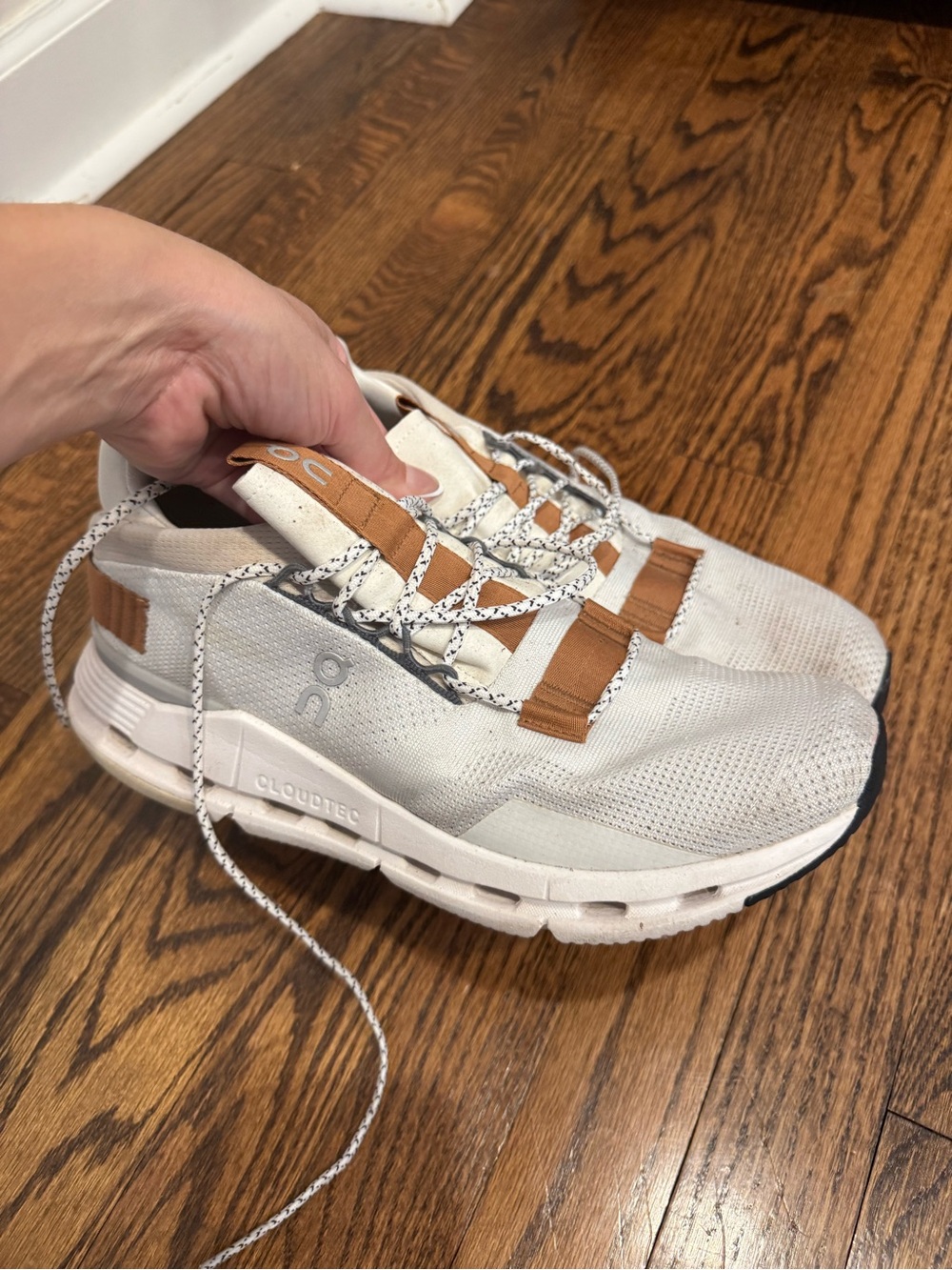 On Running Womens Neutral White Sneakers with Tan Accents